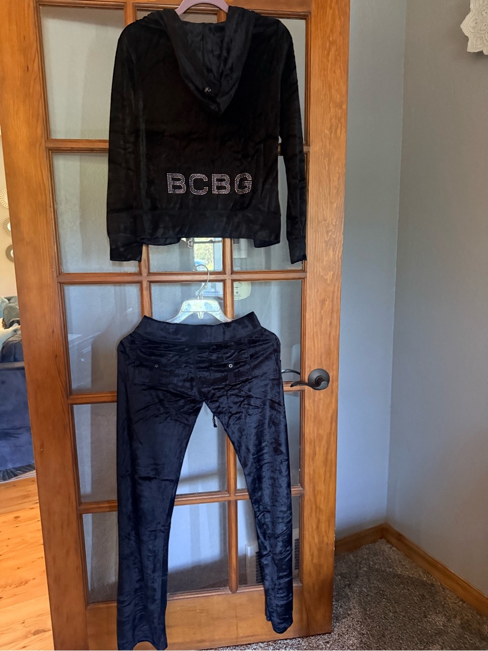 BCBG Black Velour Hoodie & Joggers Tracksuit with Logo Detail